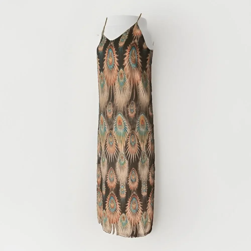 Dry Lake Naomi Long Dress Size Small Peacock Feather Print Maxi Resortwear Brown